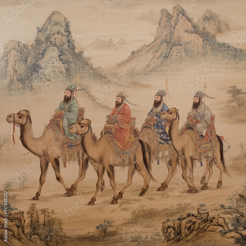 Chinese silk merchants riding camels along the Silk Road 