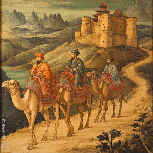 Chinese silk merchants riding camels along the Silk Road 