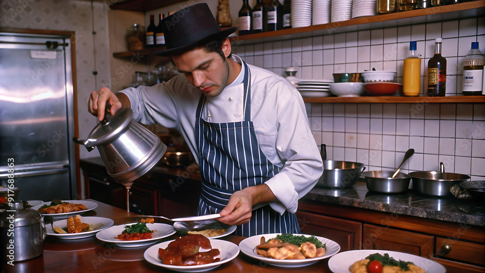 Side view of man in hat serving meal in restaurant kitchen pouring dishes with sauce
Side view of man in hat serving meal in restaurant kitchen pouring dishes with sauce