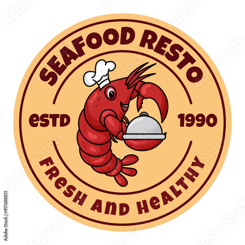 Vector of Cartoon Shrimp Carrying A Pan. Simple Seafood Logo With Vintage Style, Restaurant Logo