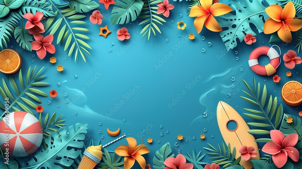 Fun Summer Beach Themed Illustrations on Blue Fun Summer Beach Themed Illustrations on Blue
