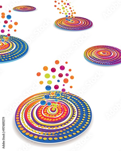 Colorful whirlpools with vibrant polka dot patterns forming swirled ripple circles, vector design on white ..