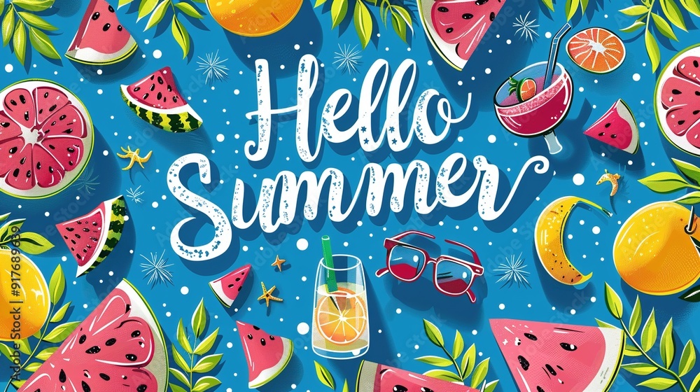 Fun Summer Beach Themed Illustrations on Blue Fun Summer Beach Themed Illustrations on Blue