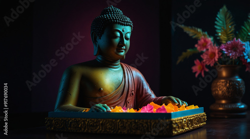 a statue of a buddha with a candle and flowers