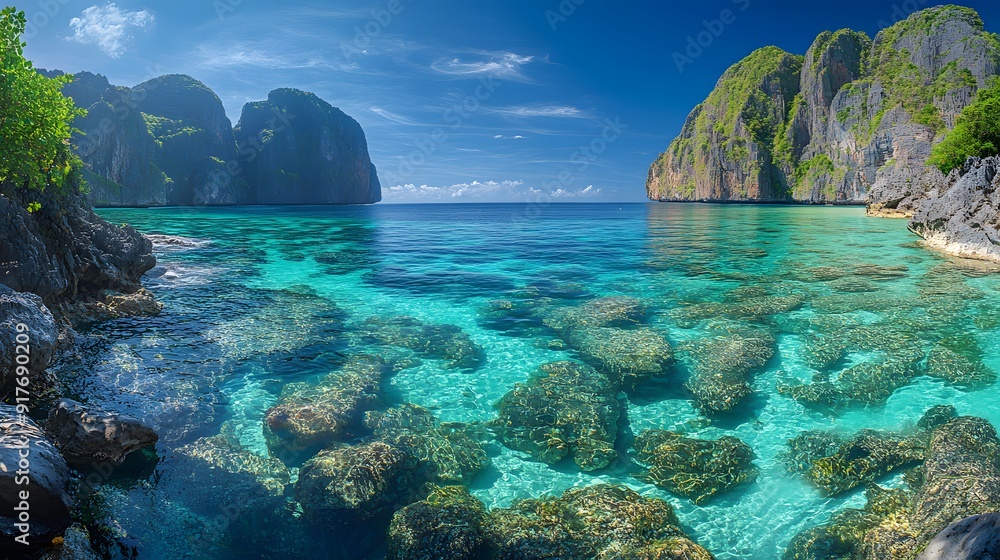 Fototapeta premium Crystal Clear Water and Lush Green Cliffs in a Tropical Lagoon. generative ai illustration.