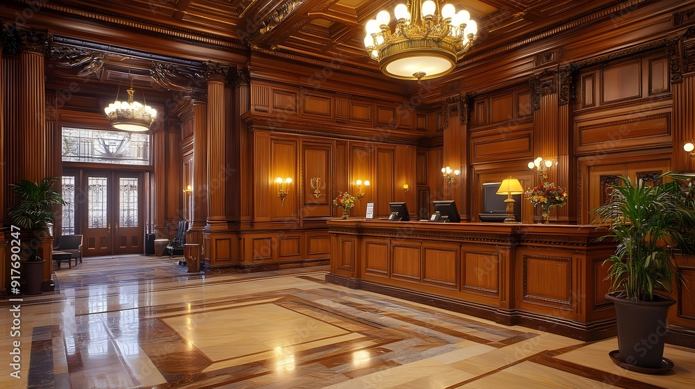 Fototapeta premium Elegant Lobby With Wooden Paneling and Chandelier. generative ai illustration.
