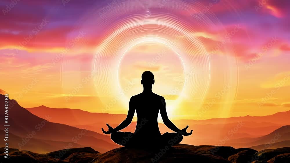Silhouetted Figure Meditating at Sunrise with Radiant Aura Silhouetted Figure Meditating at Sunrise with Radiant Aura