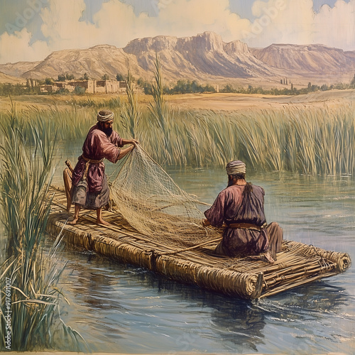 Mesopotamian fishermen casting nets from a reed raft on the Euphrates 