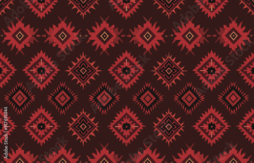 Seamless geometric pattern with red and black diamond shapes on a dark brown background. This versatile design is perfect for creating fabric prints, wallpapers, or other decorative elements.