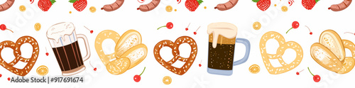 A colorful illustration of various Oktoberfest foods and beverages including pretzels beer sausages strawberries and oranges