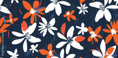 Abstract seamless pattern with white and orange flowers on navy blue background This digital illustration is perfect for textile prints wallpapers or any design project requiring a trendy and modern f