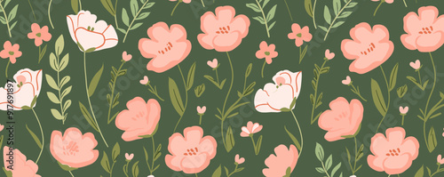 A seamless pattern featuring delicate pink and white flowers with green leaves on a dark green background This charming design is perfect for creating a natural and refreshing aesthetic