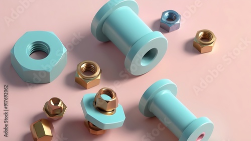 Metal bolts, nuts, and washers displayed against a pink background for an industrial, construction, or hardwarethemed design project. photo