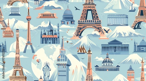 Create a seamless pattern with famous landmarks from around the world