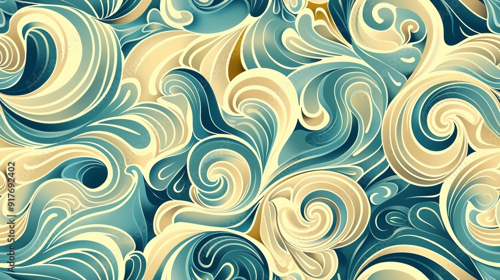 Design a seamless pattern featuring abstract waves and swirls in a calming color palette Design a seamless pattern featuring abstract waves and swirls in a calming color palette