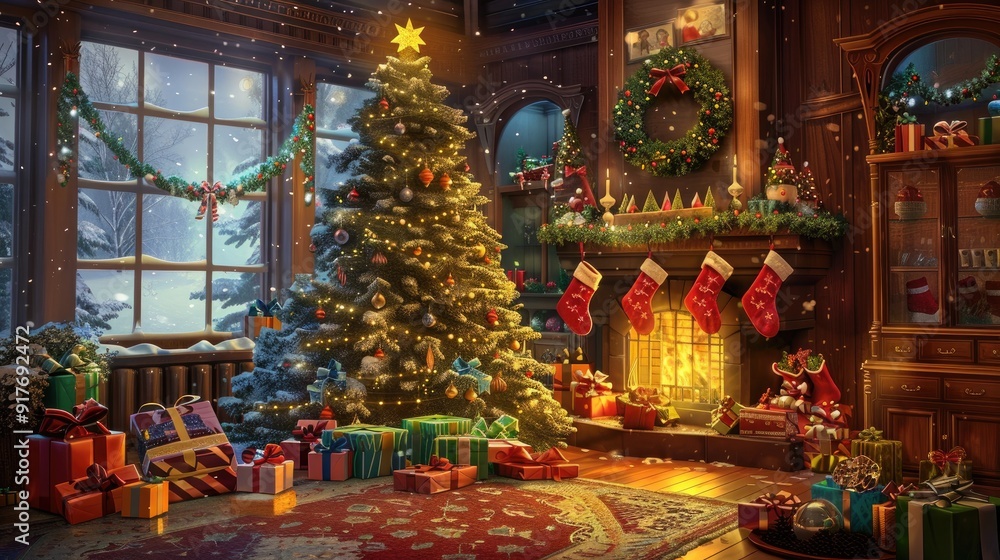 Obraz premium A brightly lit Christmas tree and fireplace create a warm and inviting ambiance in this festive scene