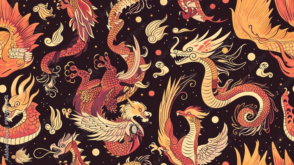 Mythical Creature Pattern Generate a seamless pattern with mythical creatures like dragons ...
