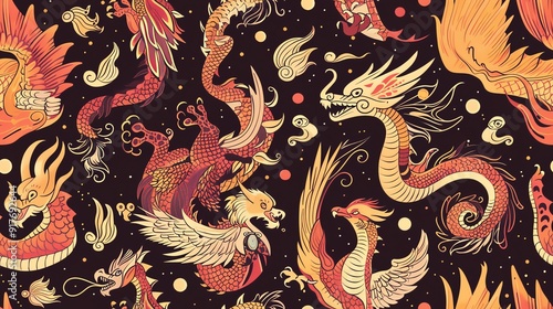 Generate a seamless pattern with mythical creatures like dragons, phoenixes, and griffins photo