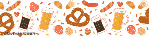A seamless pattern featuring illustrations of traditional German food and drinks including pretzels beer steins sausages and bread rolls perfect for Oktoberfest celebrations or any German-themed desig
