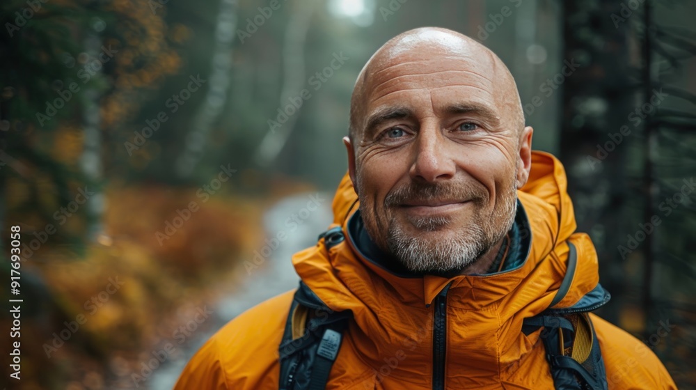 A close up photo of a smiling man in an orange jacket, in the forest. He looks happy and peaceful. A close up photo of a smiling man in an orange jacket, in the forest. He looks happy and peaceful.
