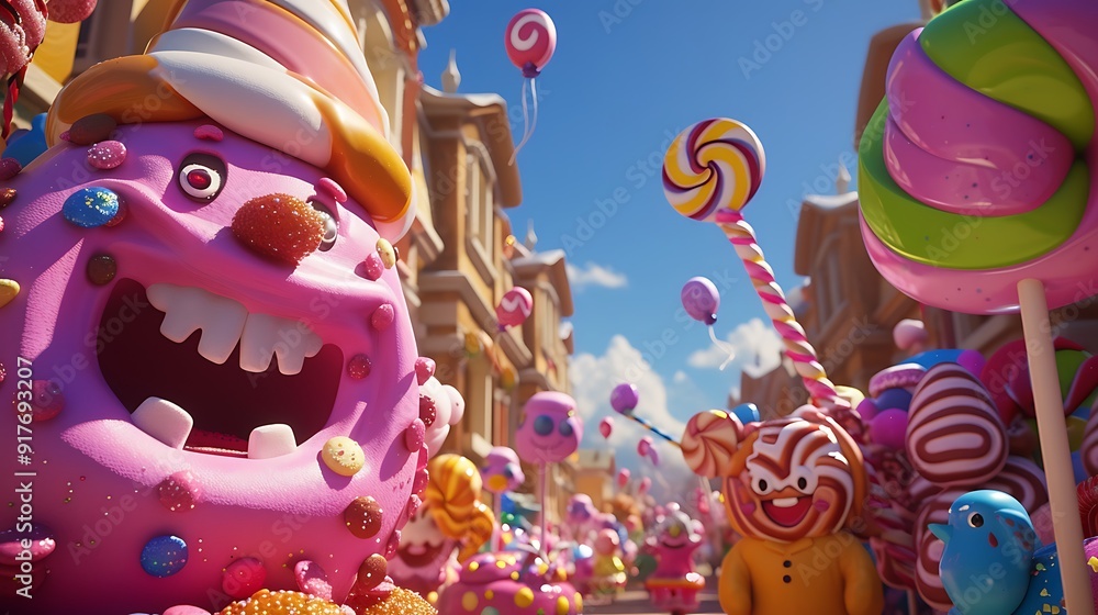 The image of a candy-themed parade with colorful floats, depicting larger-than-life candy characters, capturing the festive and whimsical essence of Candy Month, in stunning The image of a candy-themed parade with colorful floats, depicting larger-than-life candy characters, capturing the festive and whimsical essence of Candy Month, in stunning