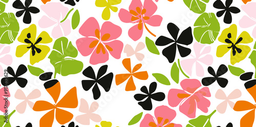 Seamless pattern of colorful stylized flowers and leaves on a white background. This vibrant and playful design is perfect for adding a touch of tropical flair to any project.