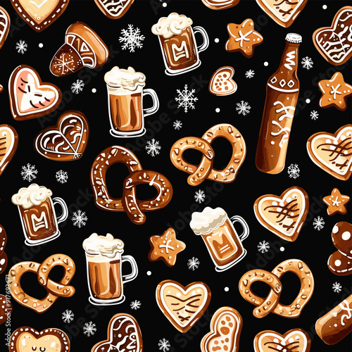 Festive Seamless Pattern with Pretzels, Beer, and Gingerbread Cookies on Black Background.