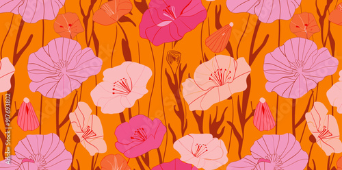 Seamless pattern with pink and peach flowers on an orange background The flowers have a delicate stylized appearance and the pattern is perfect for creating a whimsical or romantic design