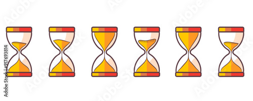 Six Hourglasses in Different Stages of Sand Flow Depicting Time Passing