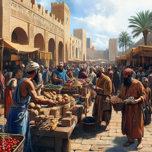 Mesopotamian traders bartering goods at a bustling market square