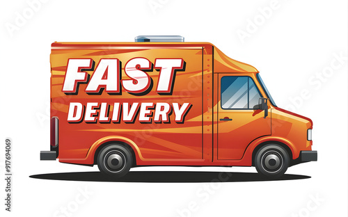 Fast delivery by van against on white background