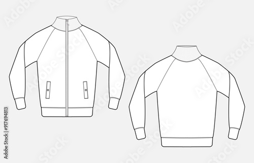 Long sleeve sweatshirt jacket technical drawing fashion flat sketch vector illustration  template for men's. Fleece fabric Warm clothing design cad