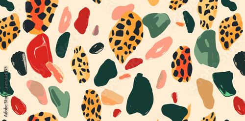 Abstract seamless pattern with colorful shapes and animal print This vibrant design features a mix of organic forms in various colors including red green yellow orange and pink The pattern is ideal fo