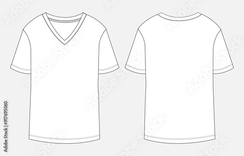 V- neck Short sleeve t shirt tops blouse for ladies technical drawing fashion flat sketch vector illustration template front and back views