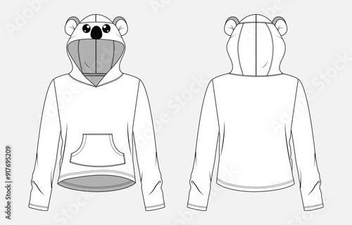 Long sleeve hoodie technical drawing fashion flat sketch vector illustration template for baby girls. Winter clothing hoodie mockup Cad