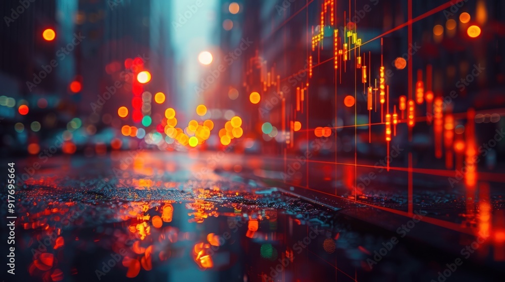 Fototapeta premium A close-up shot of a financial data display reflecting on a wet city street at night.