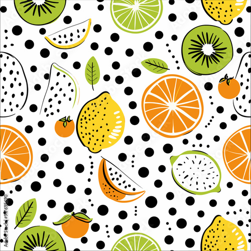 Seamless Pattern of Colorful Fruit Slices on a White Background with Black Polka Dots, Perfect for Summery Designs and Projects.