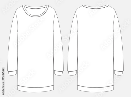 Long sleeve with knee length long dress design technical drawing fashion flat sketch vector illustration template for women's.