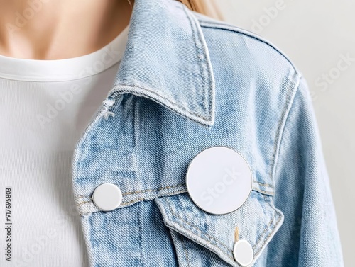 Close-up of a denim jacket with blank badges on the lapel worn over a white t-shirt - ideal for mockups or design presentations. photo