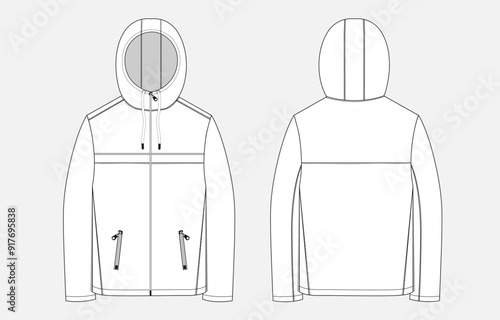 Long sleeve hoodie technical drawing fashion flat sketch vector illustration template front and back views. 