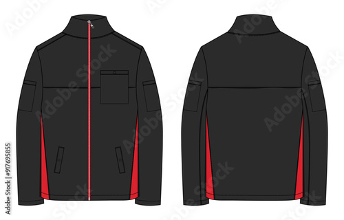 Long sleeve jacket technical drawing fashion flat sketch vector illustration two tone Black and Red color template front and back views. Men's Sweatshirt clothing mock up cad