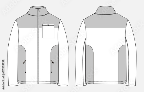 Long sleeve jacket technical drawing fashion flat sketch vector illustration template front and back views. Men's Sweatshirt clothing mock up cad