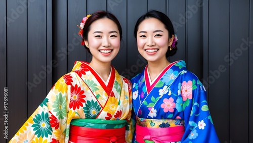 Two Japanese women wearing traditional Japanese kimono or yukata is happy and cheerful. Japanese traditional summer dress.