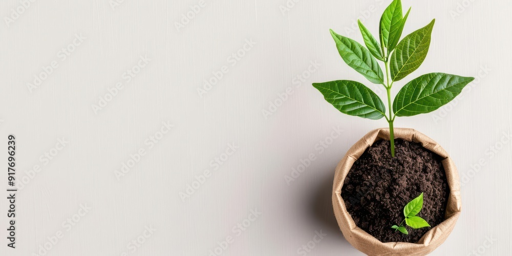 A young green plant growing in a biodegradable pot, symbolizing nature, growth, and sustainability in a minimalistic setting. A young green plant growing in a biodegradable pot, symbolizing nature, growth, and sustainability in a minimalistic setting.