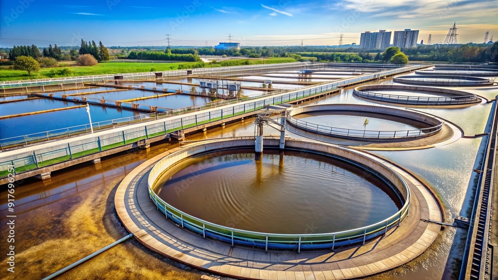 Primary sedimentation basin with sewage flowing through large tanks, sewage, primary sedimentation Primary sedimentation basin with sewage flowing through large tanks, sewage, primary sedimentation
