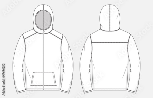 Long sleeve hoodie technical drawing fashion flat sketch vector illustration template front and back views. 