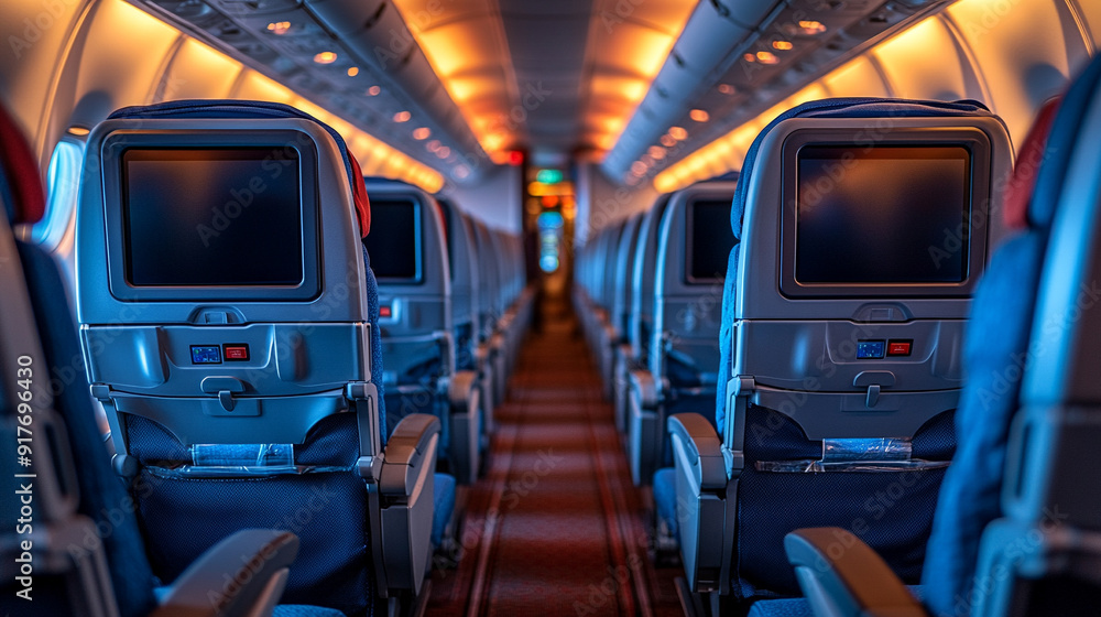 Airplane seats with blank LCD screens, showcasing a mockup device. Ideal for illustrating travel, technology, and modern aviation theme Airplane seats with blank LCD screens, showcasing a mockup device. Ideal for illustrating travel, technology, and modern aviation theme