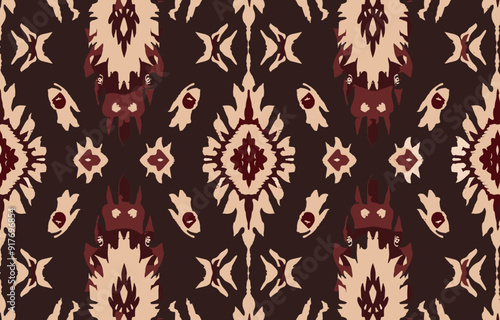 A repeating pattern of intricate, symmetrical, burgundy and cream designs on a dark brown background. This pattern is perfect for use as a wallpaper, fabric design, or any other creative project.