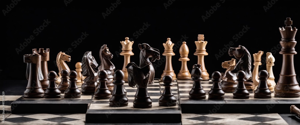Chess pieces poised on a blackboard, symbolizing strategy and intellectual challenge Chess pieces poised on a blackboard, symbolizing strategy and intellectual challenge