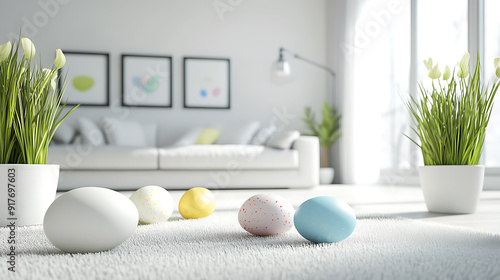 A bright, modern living room featuring colorful Easter eggs on a soft carpet, white tulips in pots, and minimalist wall art, creating a fresh spring atmosphere.
